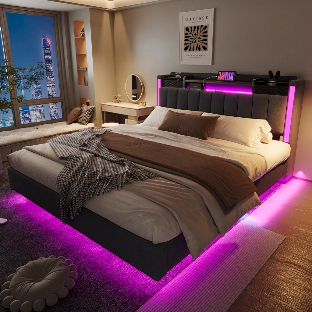 Letto matrimoniale imbottito 160 × 200 cm con LED e USB testiera contenitore rete a doghe tessuto di lino grigio