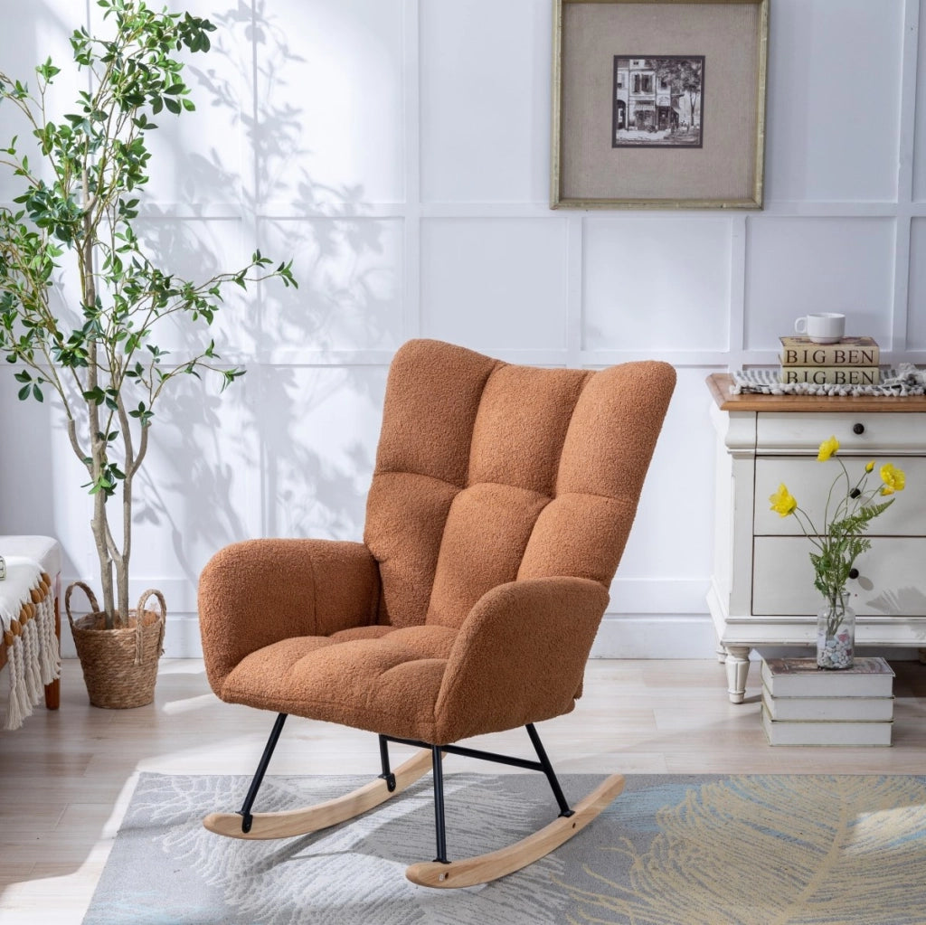 Sedia a dondolo in tessuto teddy marrone con base in legno