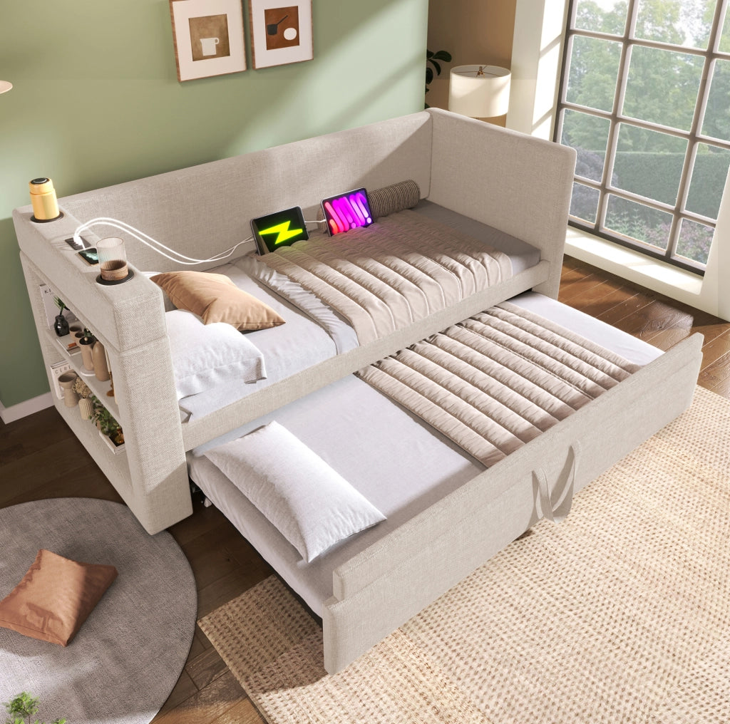 Divano letto singolo beige 90x190 cm con letto estraibile, braccioli con porte USB e Type-C, tessuto misto lino e cotone, senza materasso