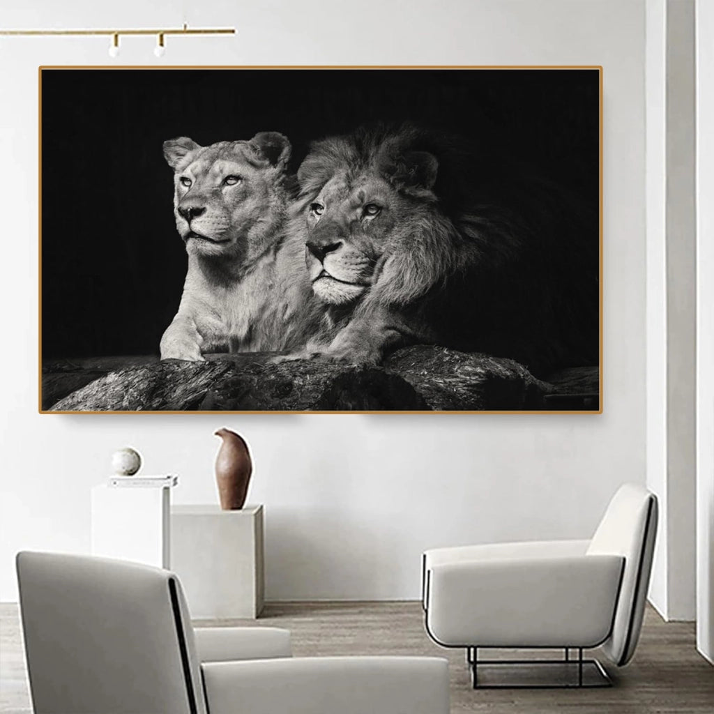 Poster con leoni, in bianco e nero, dimensioni 30x60 cm, senza cornice