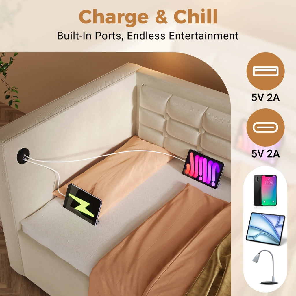 Letto imbottito 90 × 200 cm con contenitore idraulico e ricarica USB Type-C; rivestito in velluto beige