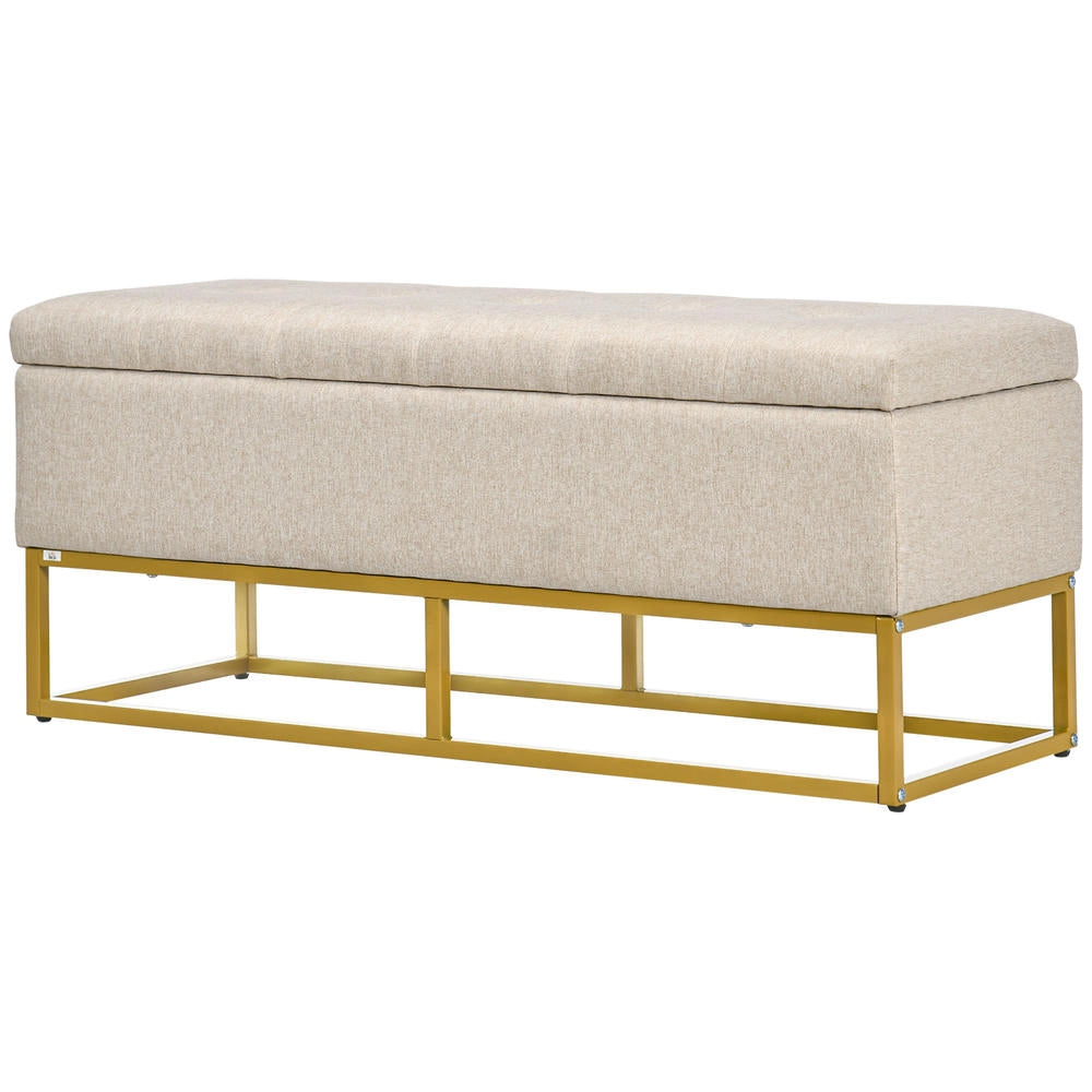 Panca Contenitore 2 in 1 con Seduta Imbottita Capitonné e Piedi in Acciaio Dorato, Cassapanca per Casa 110 x 44 x 48 cm Beige