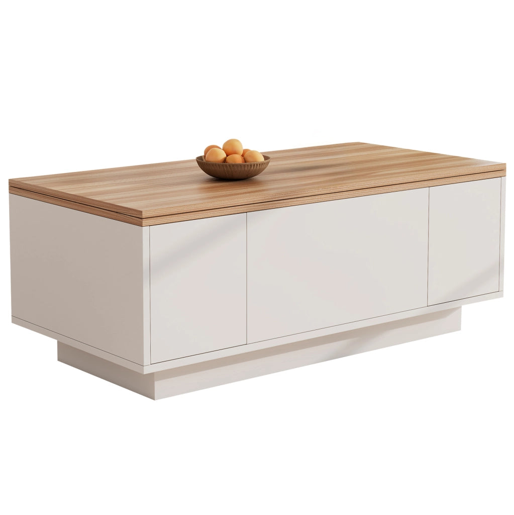 Tavolino da caffè sollevabile 100 x 50 cm bianco e legno, doppio piano