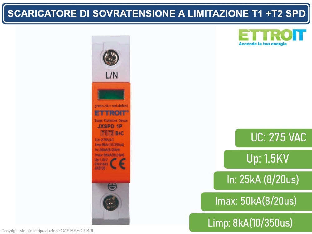 ETTROIT SCARICATORE LIMITATORE DI SOVRATENSIONE TIPO T1+T2 1P 25KA-50KA SPD A LIMITAZIONE PER BARRA DIN