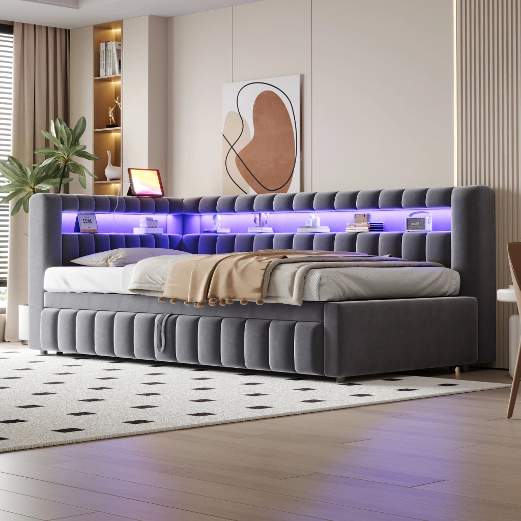 Letto estraibile imbottito 90 × 200 cm in velluto grigio con LED USB Type C e rete a doghe
