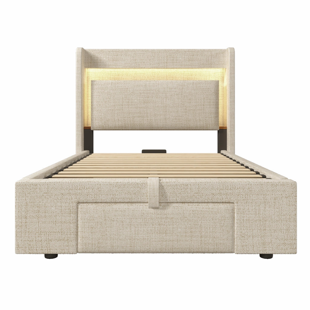 Letto singolo 90x200 cm beige con contenitore idraulico e illuminazione LED