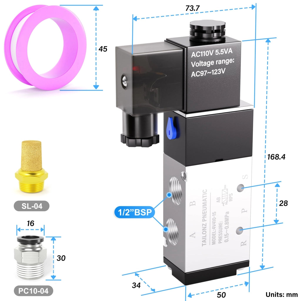 Elettrovalvola magnetica 4V410-15 110V CA 1/2" BSP 5/2 vie pilotata elettrica 2 posizioni 5 attacchi