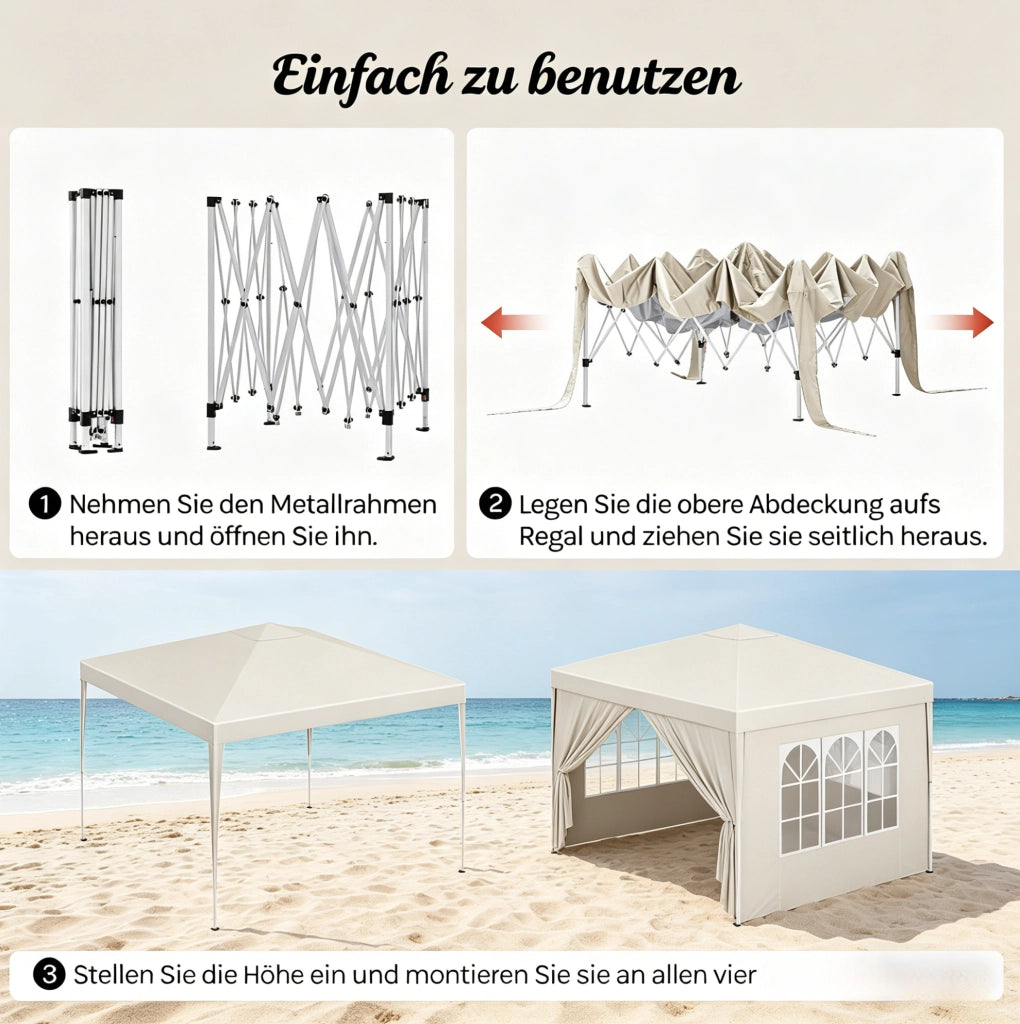 GAZEBO Pieghevole 3 x 3 m Altezza regolabile Beige con pareti laterali