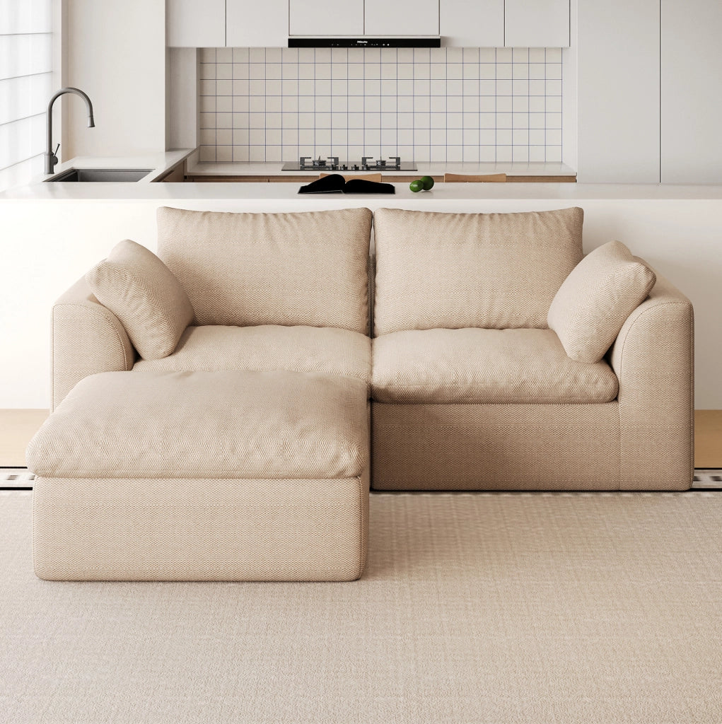 Divano angolare 3 posti 180x155x83 cm in tessuto di lino kaki con imbottitura in schiuma