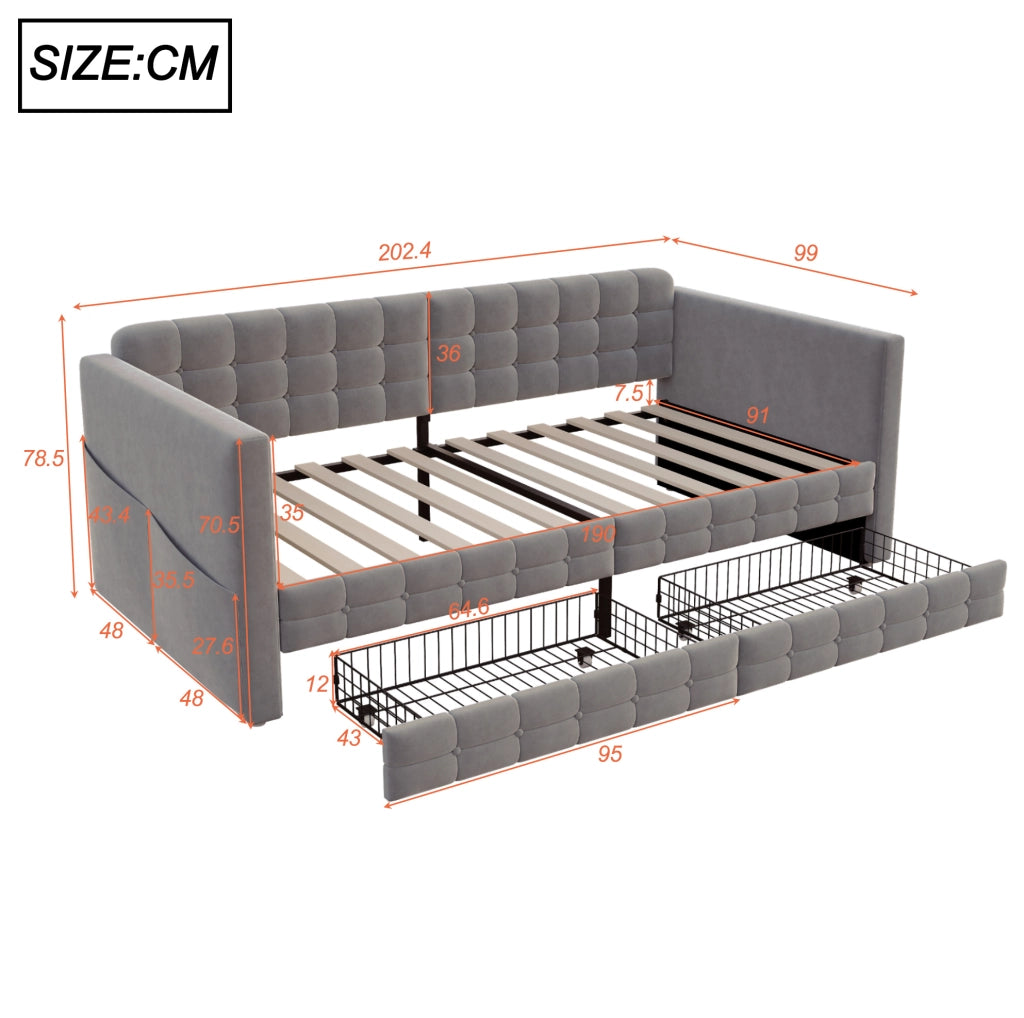 Letto Singolo 90x190 cm in Velluto Grigio con Contenitori Laterali e Due Cassetti Sotto il Letto