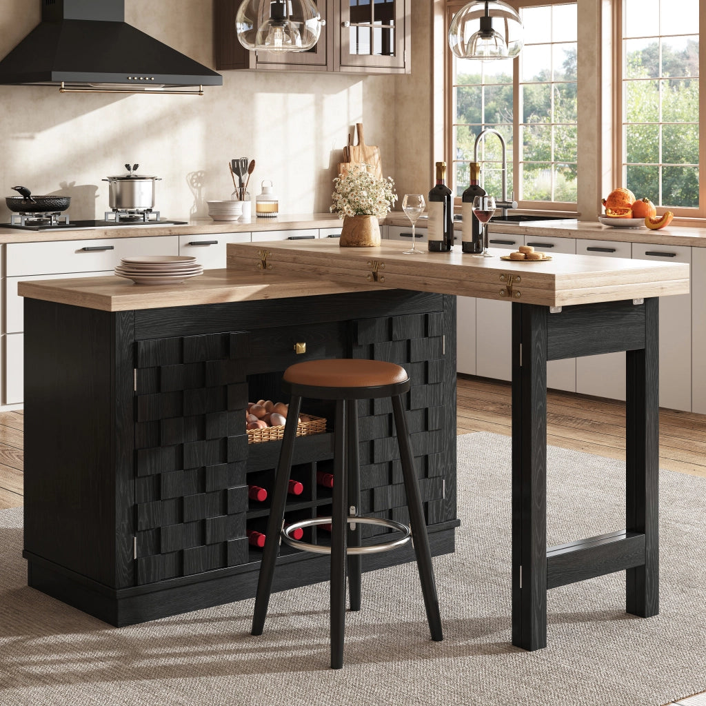 Isola da cucina girevole 120–197 × 40 × 74,2 cm con tavolo estraibile porte patchwork e portabottiglie nero