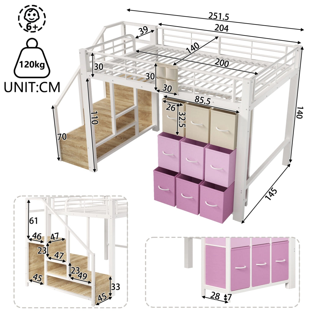 LETTO a soppalco 140x200 cm con cassetti, scala contenitore e asta appendiabiti, bianco