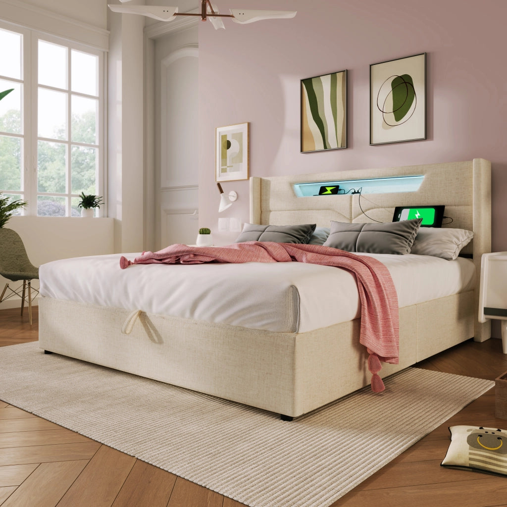 Letto matrimoniale 140x200 imbottito beige con contenitore e luce LED