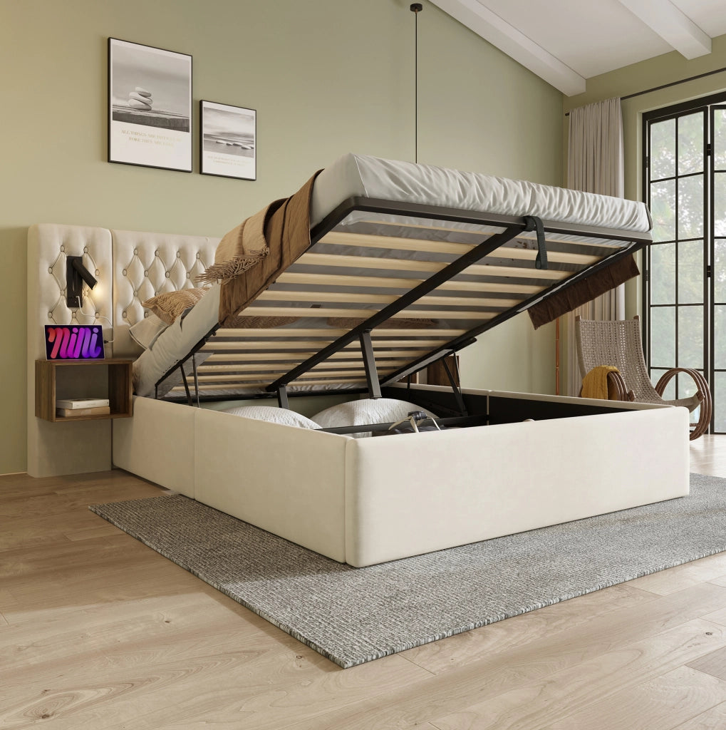 Letto contenitore matrimoniale 160x200 cm con sollevamento idraulico; luci da lettura; USB e Type-C; in velluto beige; con materasso