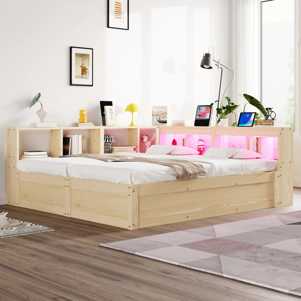 Letto matrimoniale multifunzionale con vano contenitore idraulico LED e prese integrate in legno naturale
