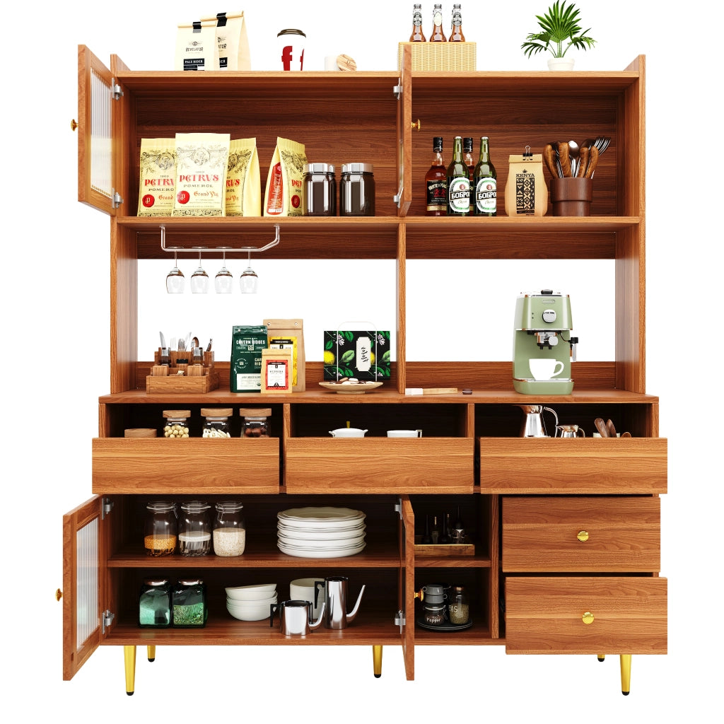 Credenza alta 145 × 39 × 171 cm in MDF marrone noce con porta in vetro scanalato portabottiglie cassetti e ripiani