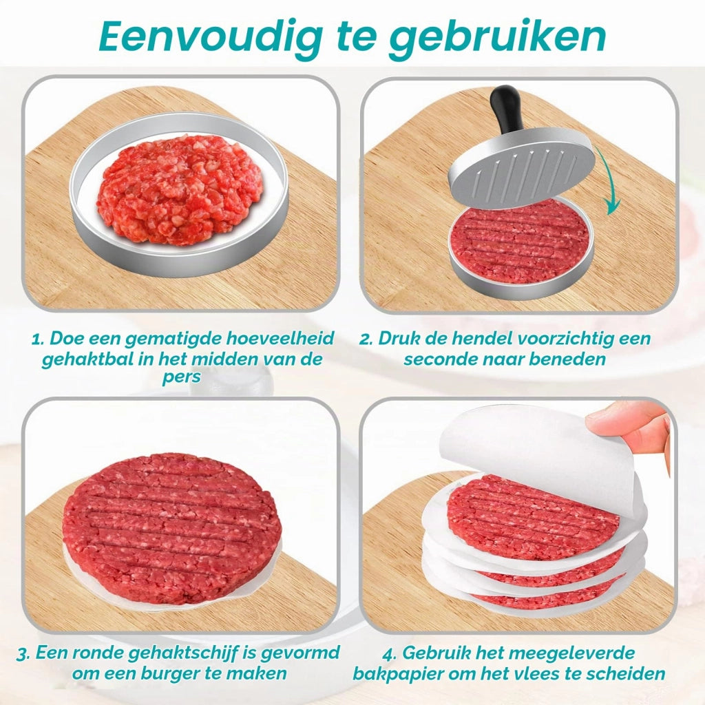 Pressa per hamburger in alluminio, con 100 fogli per hamburger e manico in legno