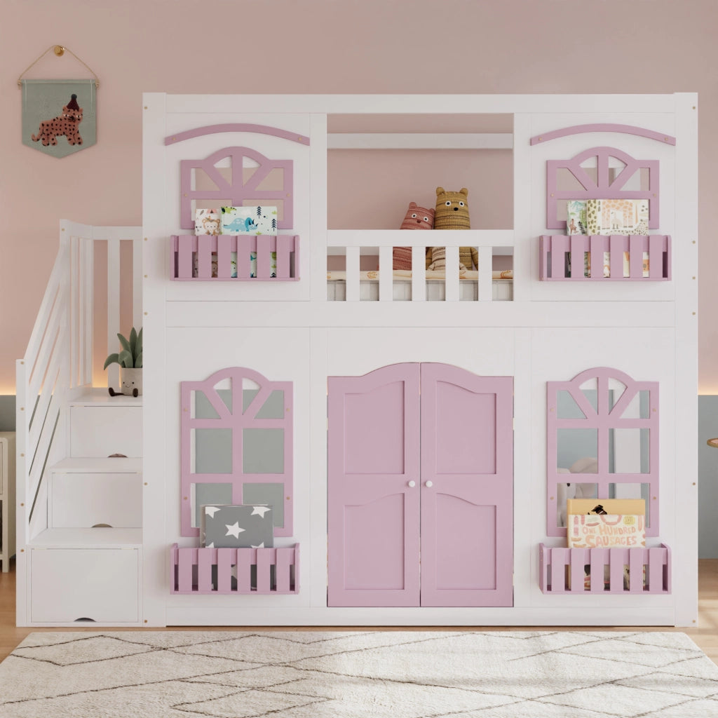 Letto a soppalco per bambini 90 x 200 cm in legno; bianco e rosa; scala contenitore e area giochi