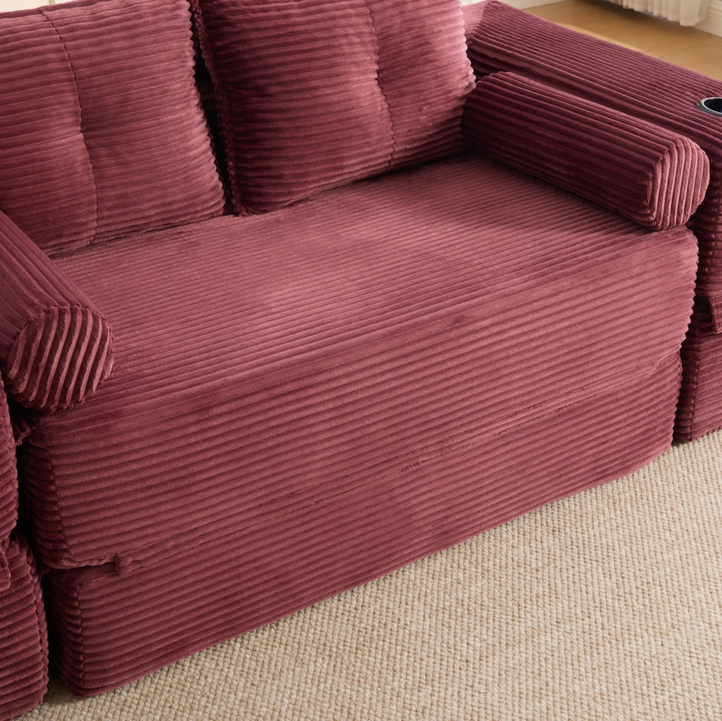 Divano letto in velluto a coste rosso vino 180 cm con portabicchieri