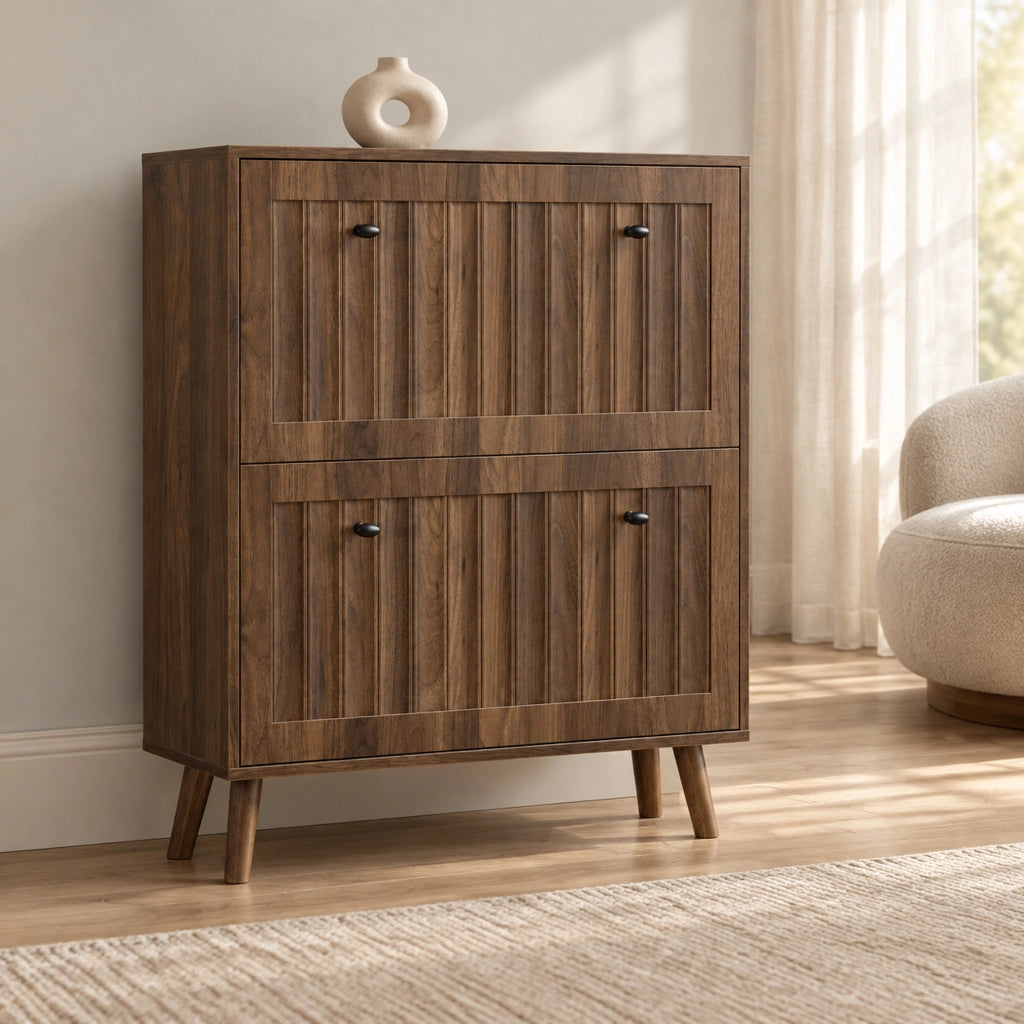 Scarpiera 80 × 24 × 95 cm con 2 ante a ribalta e ripiano aperto in MDF e truciolare color noce con gambe in legno