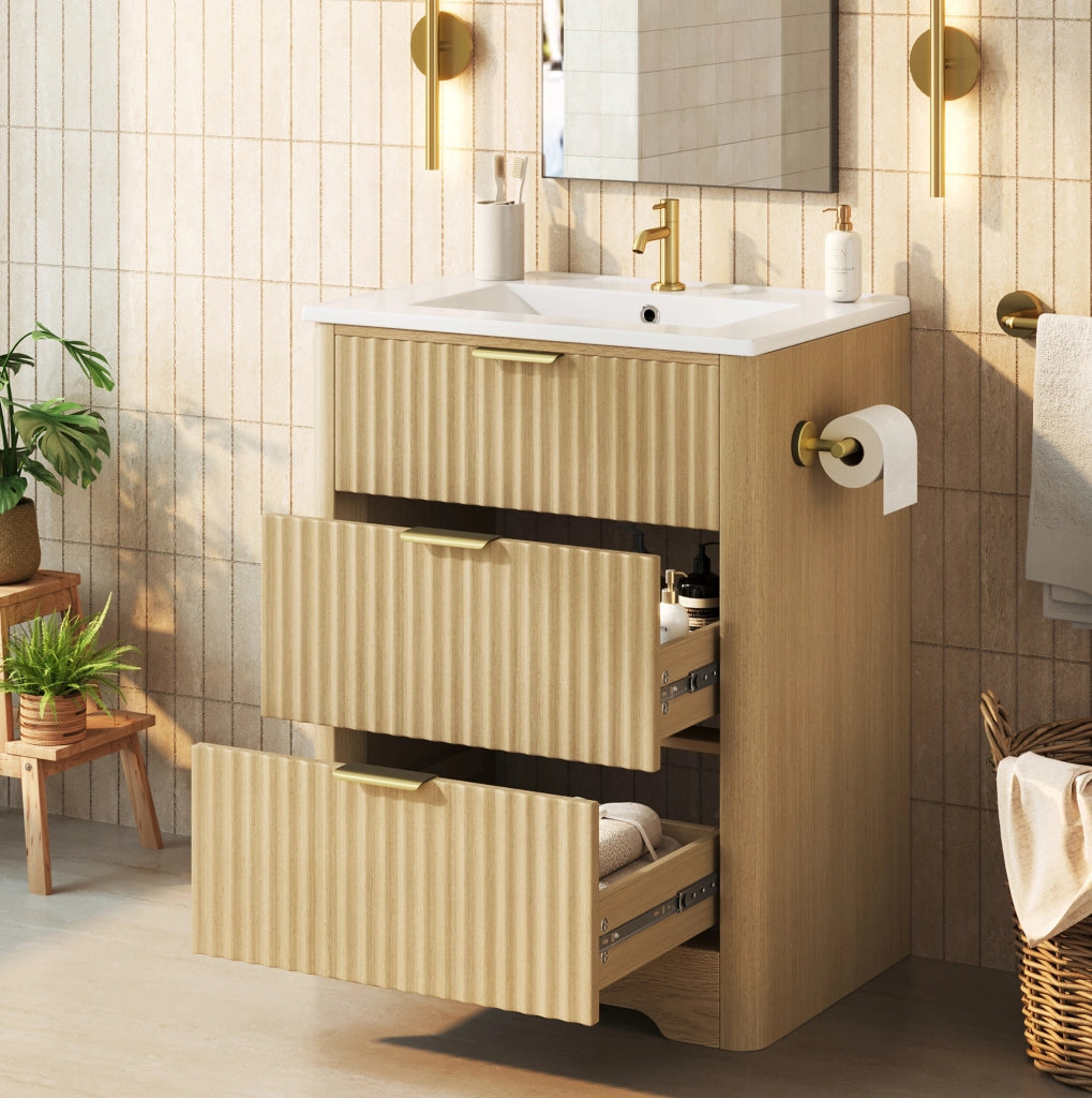 Mobile bagno 61 cm con lavabo in ceramica, cassetti e portarotolo montabile su entrambi i lati, finitura effetto legno e maniglie dorate, senza rubinetto