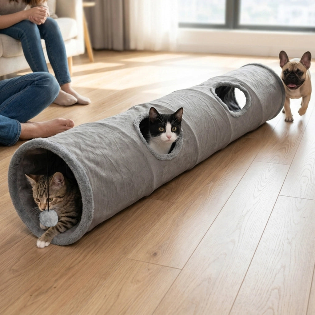 Tunnel pieghevole per gatti in peluche con più aperture e pallina