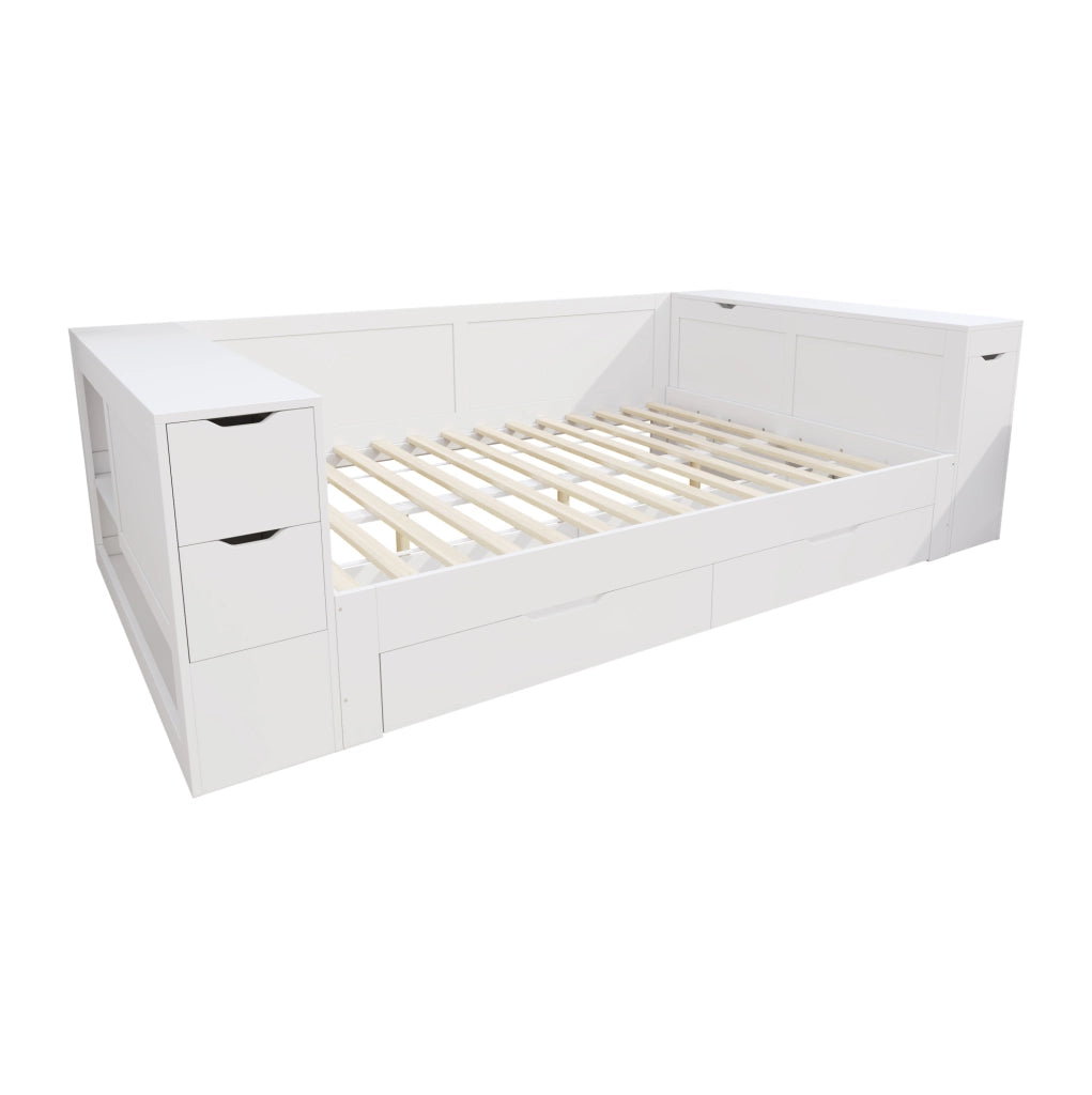 Letto singolo in MDF bianco 140x190 cm con contenitore e cassetti, struttura robusta, senza materasso