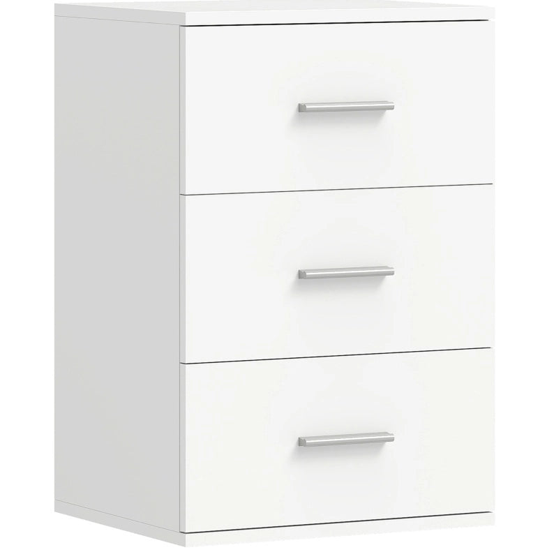 Comodino bianco 40x35x60 cm con 3 cassetti e maniglie argentate in MDF