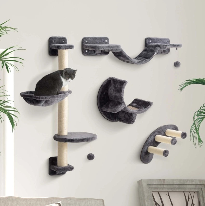Set da parete per gatti a 4 elementi, grigio scuro, fino a 5 kg