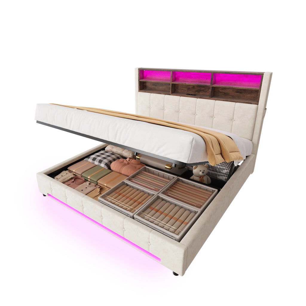 Letto in velluto 180×200 cm con testiera multifunzionale, 6 scomparti, LED, USB-C, meccanismo idraulico e grande contenitore protetto dalla polvere