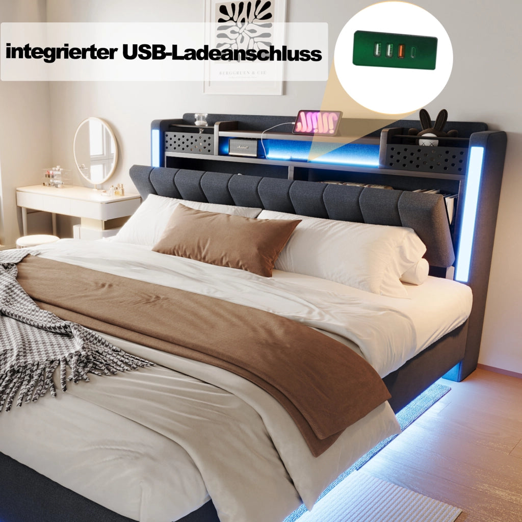 Letto matrimoniale imbottito 160 × 200 cm con LED e USB testiera contenitore rete a doghe tessuto di lino grigio
