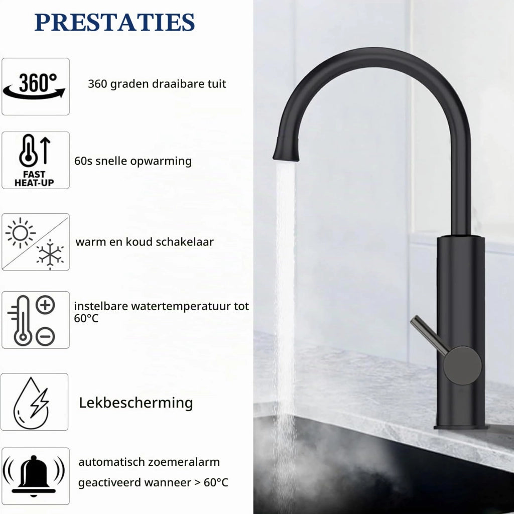 Rubinetto da cucina con resistenza riscaldante integrata, 3200 W, con illuminazione LED, girevole a 360°, colore nero