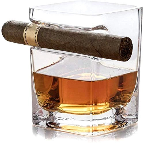 Bicchiere da whisky con posacenere integrato, mani libere per amanti del sigaro, Old Fashion Ultra Clear, 320 ml (quadrato)
