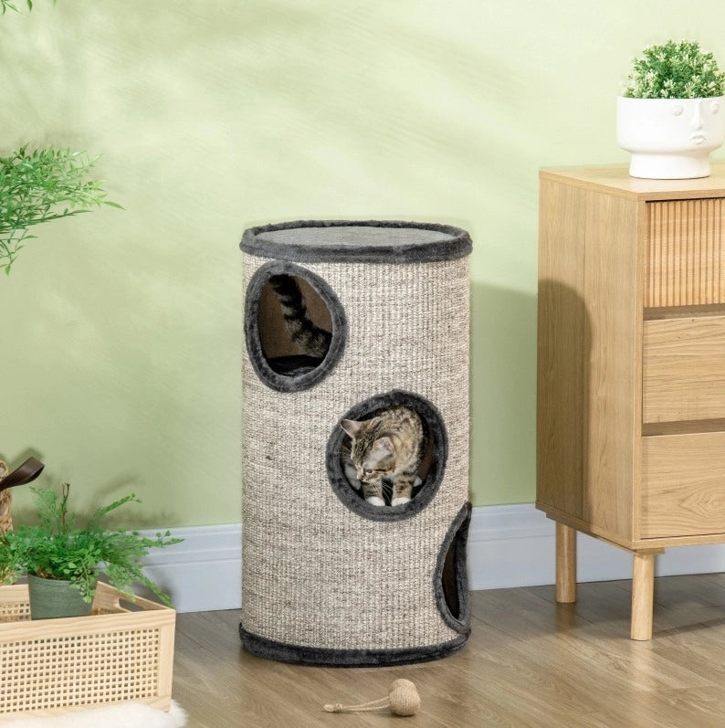 Torre tiragraffi per gatti 38 x 38 x 70 cm in sisal grigio chiaro, 3 livelli