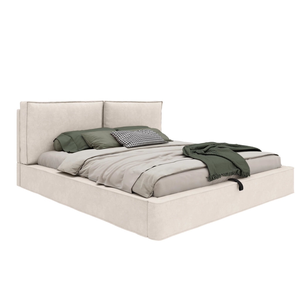 Letto matrimoniale 180 x 200 cm, letto contenitore con sollevamento idraulico, testiera in ciniglia beige