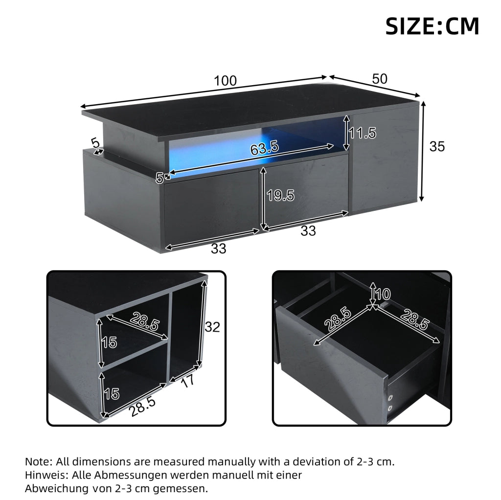 Tavolino da caffè LED 100x50x35 cm nero in truciolato, 2 cassetti, contenitore