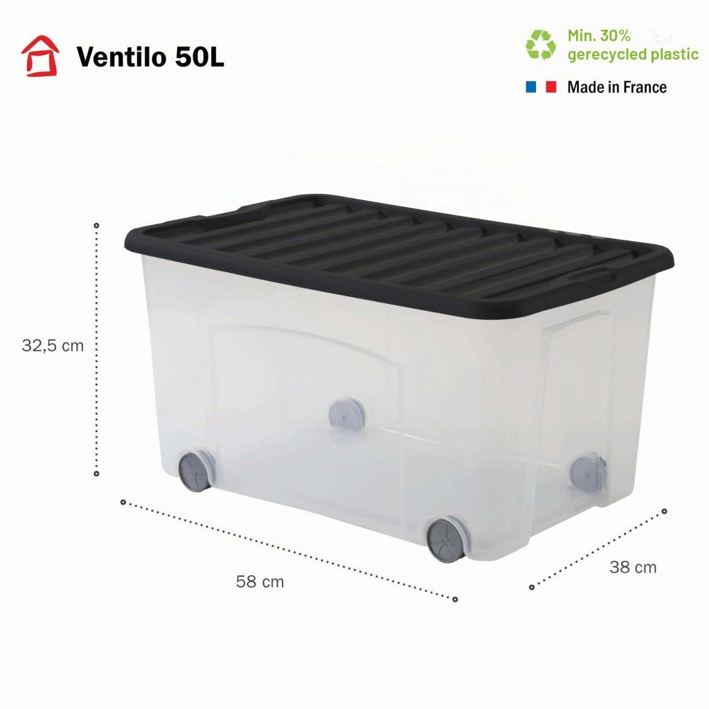 Contenitore di stoccaggio da 50 litri con ruote, coperchio con clip e trasparente