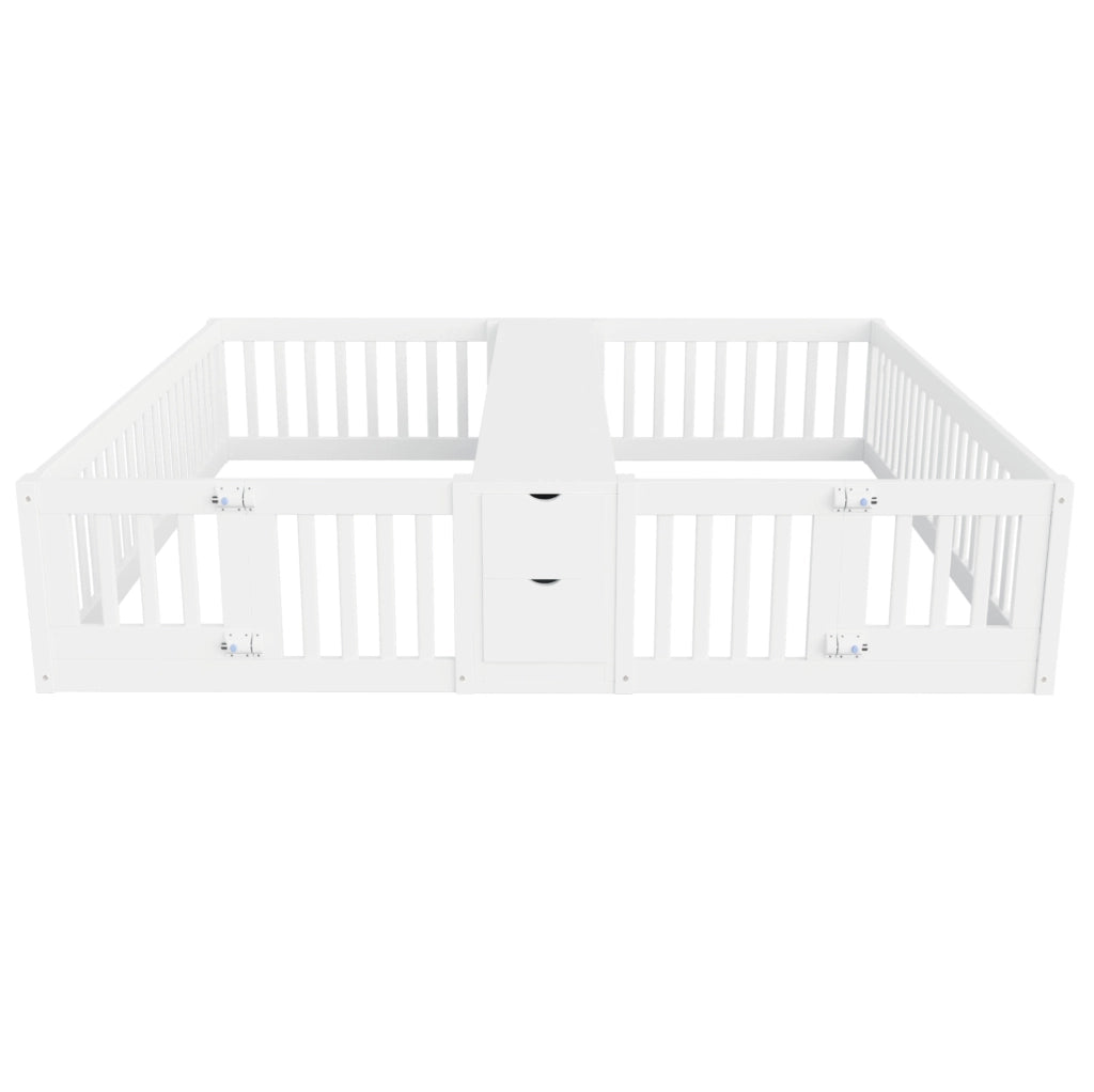 Letto doppio bambini 2x90x200 bianco con cassetti, ripiani e 2 materassi