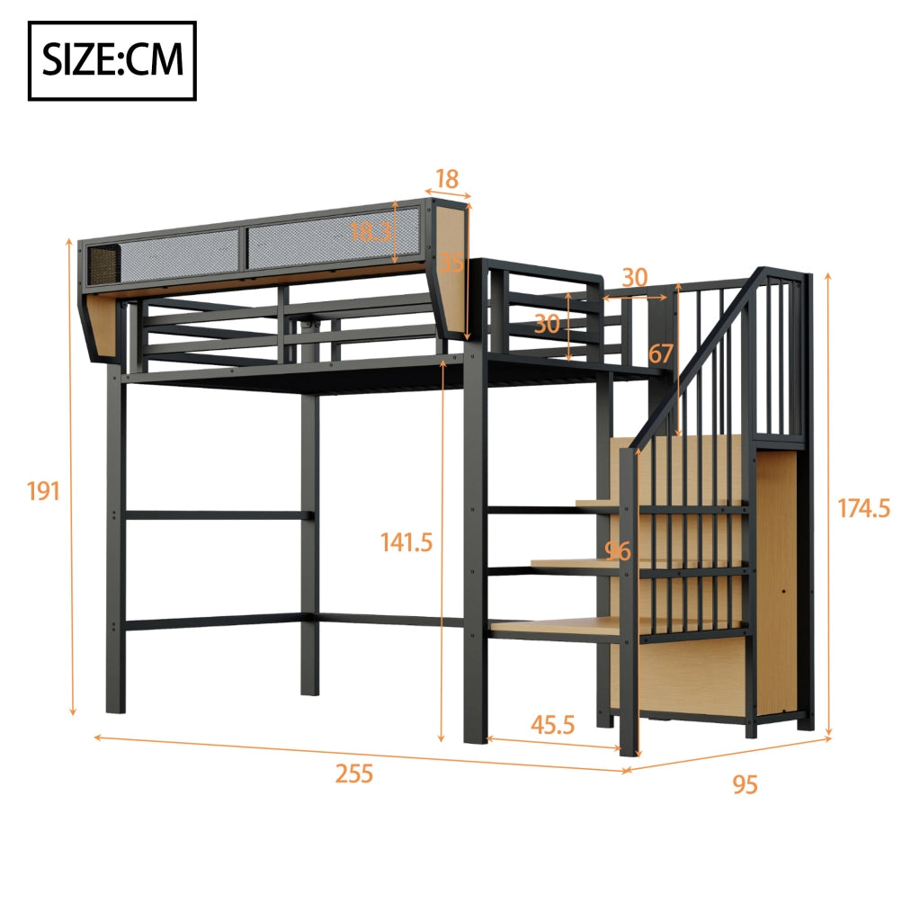 Letto a soppalco in metallo 90x200 cm con scala di sicurezza e ripiano modulabile, colore nero