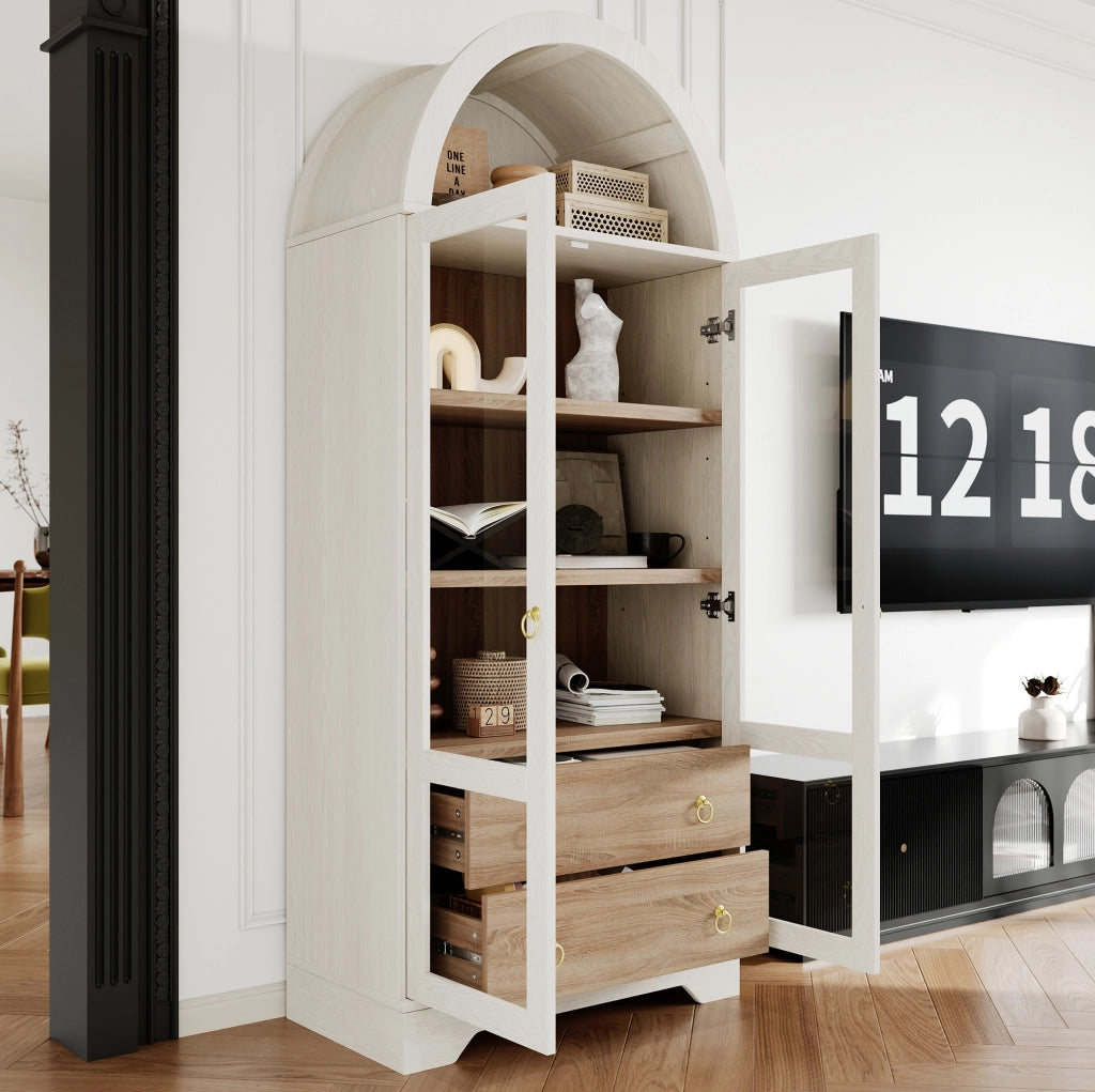Credenza bianca con ante in vetro, ripiani regolabili e cassetti