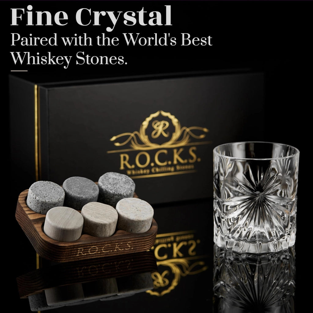 Set di pietre refrigeranti per whisky e bicchieri in cristallo – 6 pietre in granito, 315 ml