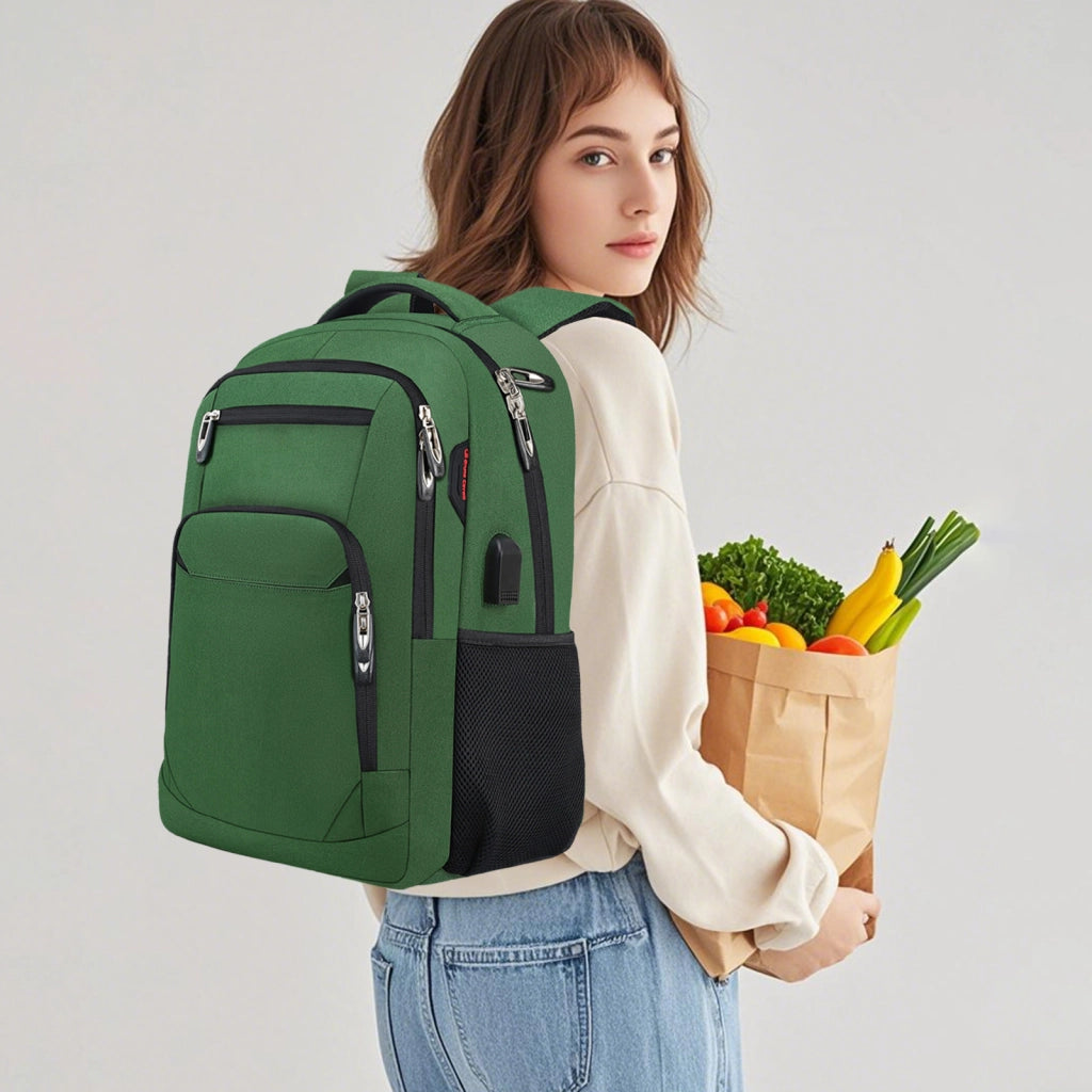 Zaino portatile verde con presa USB e tasca antifurto