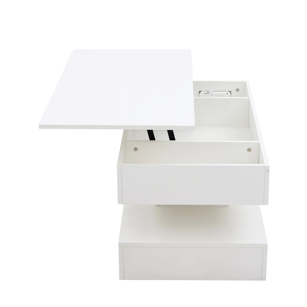 Tavolino da caffè sollevabile 100x50x42 cm bianco con LED e vano contenitore
