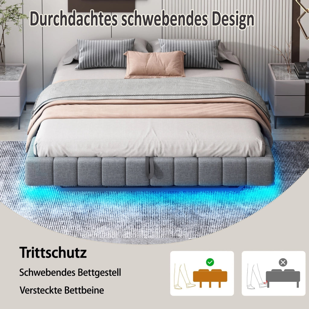 Letto contenitore 160 ¡Á 200 cm imbottito senza testiera con LED a colori struttura in metallo rivestita in lino beige