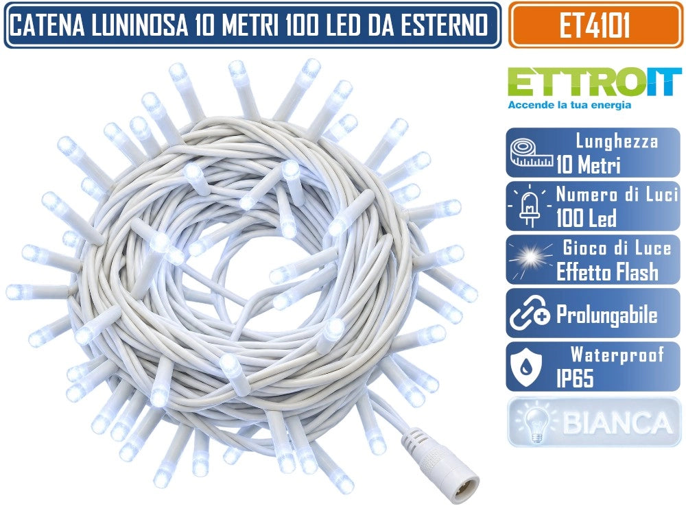 CATENA LUMINOSA NATALIZIA ETTROIT ET4101 100 LED 10 METRI LUCE BIANCA FREDDA 6500K CON EFFETTO FLASH BIANCO CAVO BIANCO PROLUNGABILE IP65 PER INTERNO ED ESTERNO