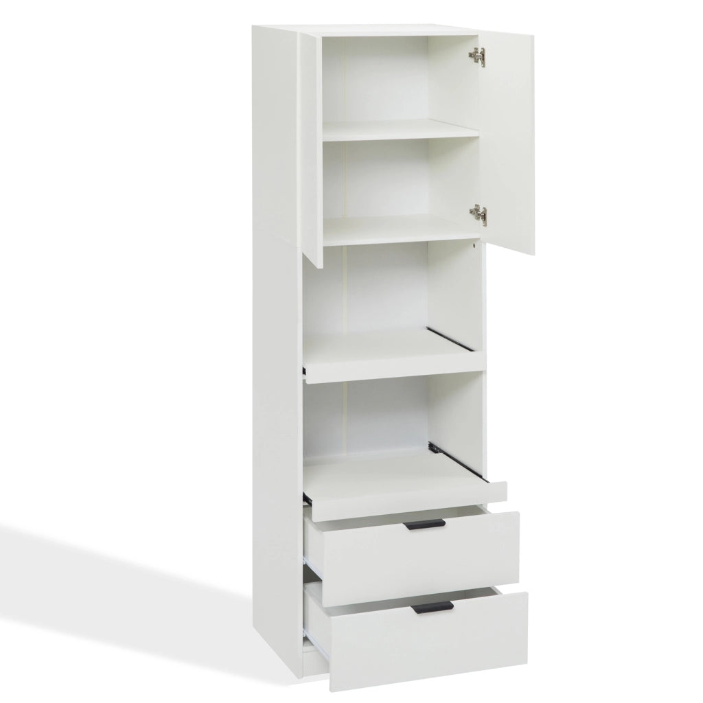 Mobile dispensa cucina 59;5x45x200 cm con 2 cassetti; ripiani aperti e fissaggio antiribaltamento; MDF bianco