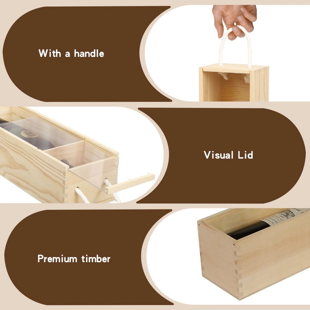 2 scatole in legno per vino, con coperchio scorrevole e maniglie, dimensioni 34x11x11 cm