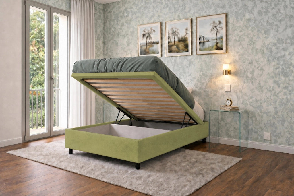 Letto Singolo Contenitore Imbottito 80x190 cm Microfibra Tè Verde BoxMax