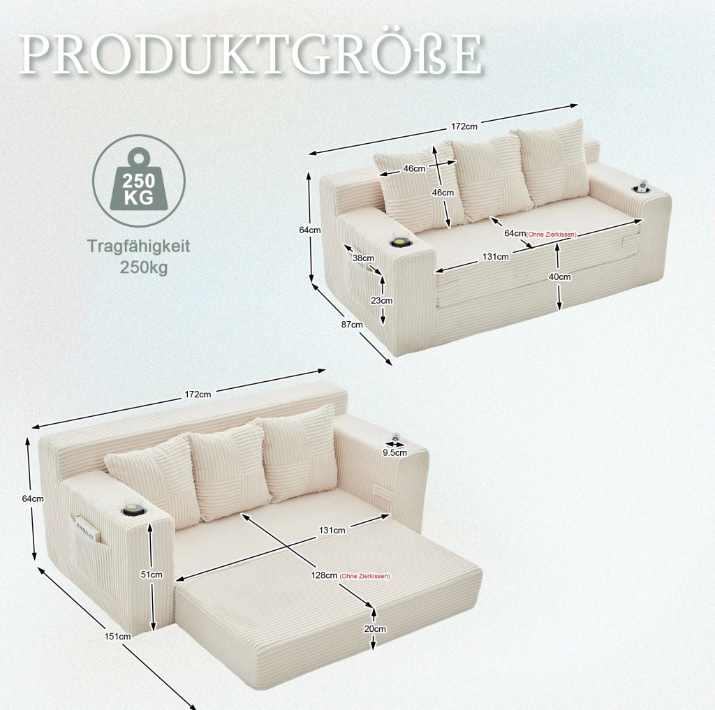 Divano modulare beige in velluto a coste con portabicchieri