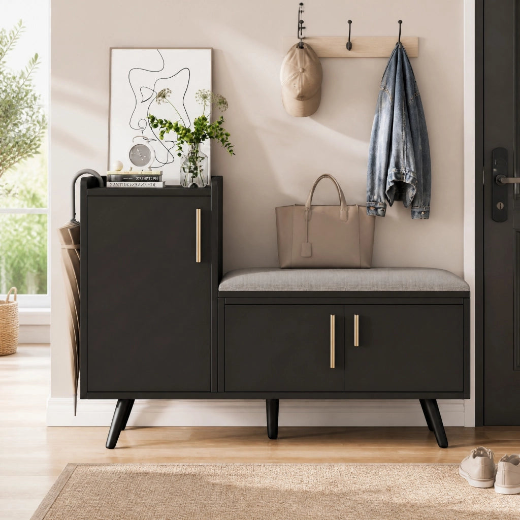 Panca portascarpe 100x34x69 cm in truciolare e metallo, nera, 3 ante, seduta imbottita